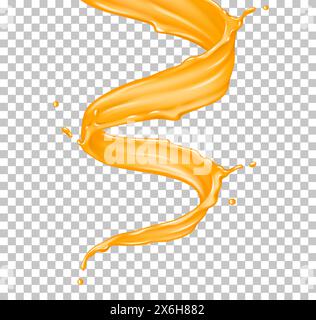 Organische Saft Twisting Flow realistische Vektor-Illustration. Erfrischende Flüssigkeit. 3D-Objekt mit orangefarbenem Getränk auf transparentem Hintergrund Stock Vektor