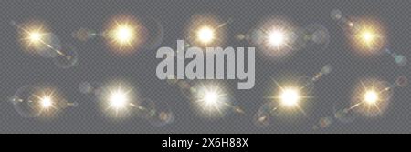 Sonnenlicht Blendungseffekte realistische Vektorillustration Set. Sonnenstrahlen sind natürlich. Sonnenstrahlen beleuchten 3D-Elemente auf transparentem Hintergrund Stock Vektor