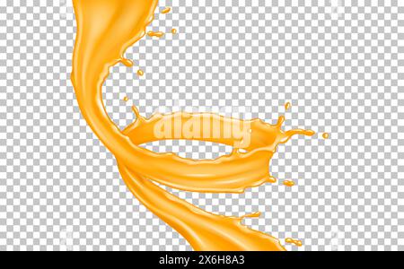 Organische Saft Twisting Flow realistische Vektor-Illustration. Erfrischende Flüssigkeit. 3D-Objekt mit orangefarbenem Getränk auf transparentem Hintergrund Stock Vektor