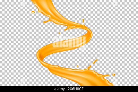 Frischer Orangensaft Spiralflussstreifen realistische Vektor-Illustration. Gesundes Produkt. Natürliches Getränk wirbeln in Bewegung 3D-Objekt auf transparentem Hintergrund Stock Vektor