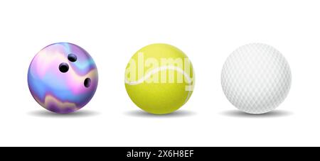 Bowling, Tennis und Golfbälle realistische Vektor-Illustration Set. Sportbestand. Ausrüstung für aktive Freizeit 3D-Objekte auf weißem Hintergrund Stock Vektor