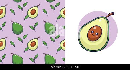 Set aus niedlichem Kawaii Avocado Muster und Illustration. Essen Obst flach Symbol. Cartoon Avocado nahtloses Muster, Cartoon-Stil. Vektor-Manga-Illustration. Stock Vektor