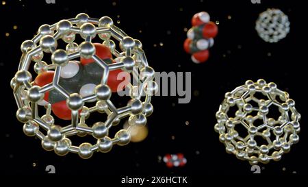 3D-Darstellung von Arzneimittelmolekülen im Fulleren Stockfoto