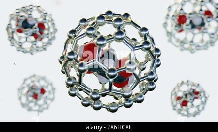 3D-Darstellung von Arzneimittelmolekülen im Fulleren Stockfoto