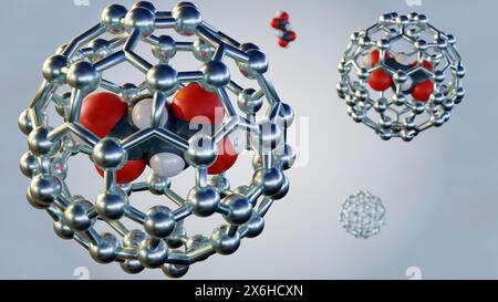 3D-Darstellung von Arzneimittelmolekülen im Fulleren Stockfoto
