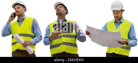 Bauingenieur bei der Arbeit isoliert auf weißem Hintergrund Stockfoto
