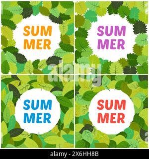 Set aus vier Hintergründen mit Sommerblättern mit Inschrift Sommer in der Mitte. Vektorabbildung. Stock Vektor