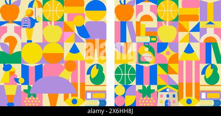 2 Schulmuster im Mosaikstil. Helles, kindliches Design mit Kinder- und Schulutensilien. Perfekt für Ihr Projekt! Stock Vektor