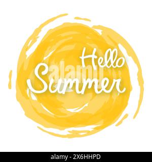Hallo Sommer auf gelbem Aquarellfleck. Designelement für Einladung, Grußkarte, Drucke und Poster. Vektorabbildung. Stock Vektor