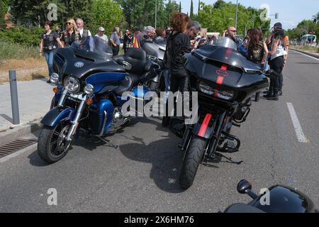 Harley-Davidson Motorräder während einer Harley Davidson Biker-Rallye vor der Parade durch die Straßen von Madrid. Mai 2024 Spanien Stockfoto