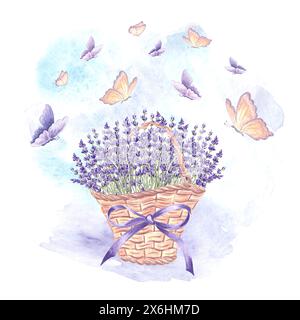 Lavendel und Schmetterlinge. Blumenstrauß in Korb mit Schleife. Handgezeichnete Aquarellillustration der Provence Frühlingsblumen, Kräuter. Isoliertes Element Stockfoto