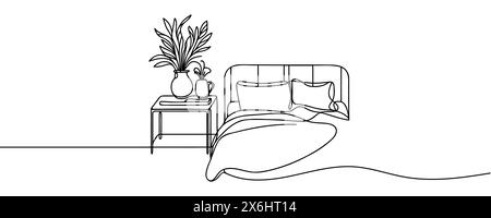 Durchgehende einzeilige Zeichnung eines Doppelbetts und Tisches mit einer Topfpflanze in einem einfachen linearen Stil. Vektorabbildung. Stock Vektor