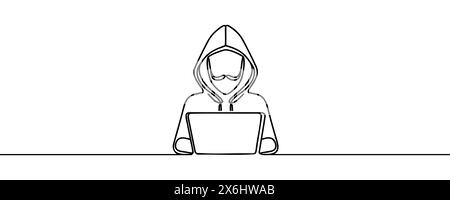 Einzeiliges Symbol für Cybersicherheit. Silhouette eines Online-Finanzdiebs. Vektorabbildung. Stock Vektor