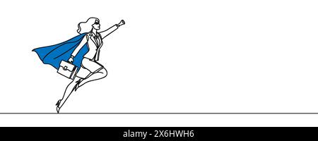 Eine Linienzeichnung einer jungen, intelligenten Geschäftsfrau, die hoch fliegt, um ein Ziel zu erreichen. Minimales Umsatzwachstum Stock Vektor