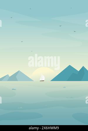 Morgenlandschaft mit Meer und Vektor-Illustration. Meer mit Bergen. Skandinavischer Naturfjord in flachem Stil. Segelschiff. Babydruck, Stock Vektor