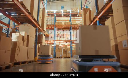 Future Technology 3D-Konzept: Automatisierte moderne Einzelhandelslager-AGV-Roboter, die Kartonagen im Logistikzentrum transportieren. Automatisierte Geführte Fahrzeuge, Die Waren, Produkte, Pakete Liefern Stockfoto