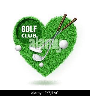 Golfclub-Turnier, Plakatbanner-Designvorlage. Golfplatz in Herzform mit Bälle und Schlägern. Vektor-Zeichentrickillustration isoliert auf weißem Hintergrund Stock Vektor