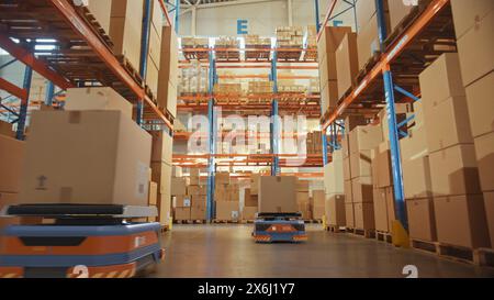 Future Technology 3D-Konzept: Automatisierte moderne Einzelhandelslager-AGV-Roboter, die Kartonagen im Logistikzentrum transportieren. Automatisierte Geführte Fahrzeuge, Die Waren, Produkte, Pakete Liefern Stockfoto