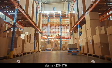 Future Technology 3D-Konzept: Automatisierte moderne Einzelhandelslager-AGV-Roboter, die Kartonagen im Logistikzentrum transportieren. Automatisierte Geführte Fahrzeuge, Die Waren, Produkte, Pakete Liefern Stockfoto