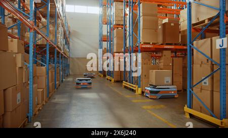 Future Technology 3D-Konzept: Automatisierte moderne Einzelhandelslager-AGV-Roboter, die Kartonagen im Logistikzentrum transportieren. Automatisierte Geführte Fahrzeuge, Die Waren, Produkte, Pakete Liefern Stockfoto