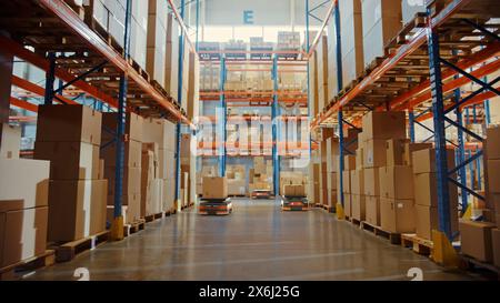 Future Technology 3D-Konzept: Automatisierte moderne Einzelhandelslager-AGV-Roboter, die Kartonagen im Logistikzentrum transportieren. Automatisierte Geführte Fahrzeuge, Die Waren, Produkte, Pakete Liefern Stockfoto