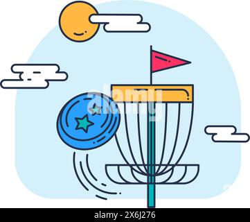 Das Discgolf-Sportspiel fliegt direkt in den Korb, der mit einer roten Flagge markiert ist. Ungewöhnliches Kinderhofspiel. Sport und aktiver Lebensstil. Einfache farbige Kontur V Stock Vektor