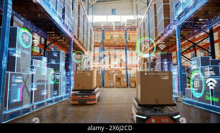 Future Technology 3D-Konzept: Automatisierte FTS-Roboter für das Einzelhandelslager mit Infografiken, die Kartonagen im Logistikzentrum liefern. Automatisierte Spurführungsfahrzeuge Waren, Produkte, Pakete Stockfoto