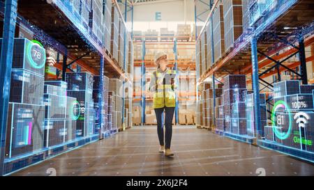 Futuristic Technology Retail Warehouse: Mitarbeiter, die Lagerbegehungen durchführen, wenn der Digitalisierungsprozess Waren, Kartons und Produkte mit Liefer-Infografiken in Logistik, Vertriebszentrum analysiert Stockfoto
