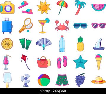 Summertime Clipart Collection Vektor. Exotisches Obst, Eis, Sommeraccessoires, Sport und fröhliche Freizeit am Meer. Hallo Sommer. Wochenende und Stock Vektor