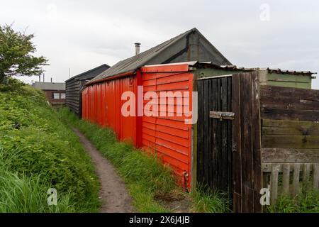 Südbahnhof, Nr. Redcar, North Yorkshire, Großbritannien. Angelhütte in einem Gebiet, das lokal als Paddy's Hole bekannt ist. Stockfoto