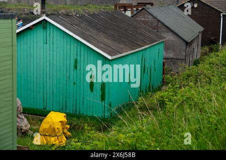 Südbahnhof, Nr. Redcar, North Yorkshire, Großbritannien. Angelhütte in einem Gebiet, das lokal als Paddy's Hole bekannt ist. Stockfoto