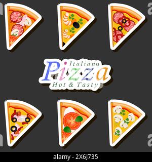 Illustration zum Thema große heiße leckere Pizza bis Pizzeria Menü, italienische Pizza bestehend aus verschiedenen Zutaten wie knusprigem gebackenem Teig, rote Tomaten, GE Stock Vektor