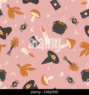 Nahtloses Vektormuster mit Hexengegenständen Hut, Kerzen, Kräutern, Pilzen, Zauberbuch. Toll für Mädchen. Vektorabbildung Stock Vektor