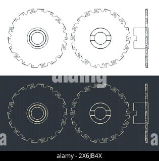 Stilisierte Vektorabbildungen von Blaupausen von Scheibenfräsern Stock Vektor