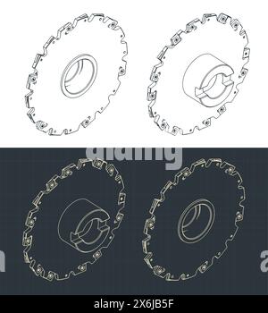 Stilisierte Vektordarstellungen isometrischer Blaupausen von Scheibenfräsern Stock Vektor