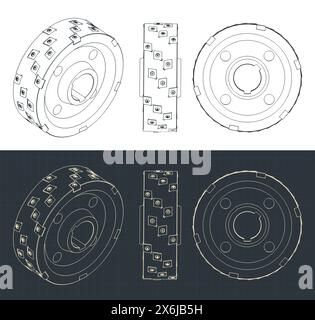 Stilisierte Vektorabbildungen von Blaupausen von Scheibenfräsern Stock Vektor