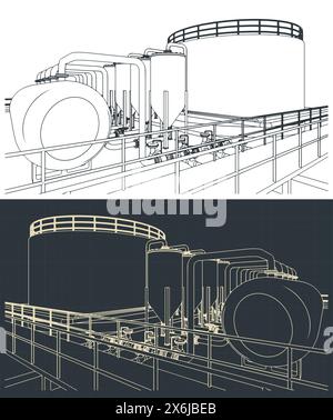 Stilisierte Vektorillustrationen von Bauplänen der Raffinerie Stock Vektor