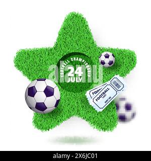 Fußballmeisterschaftsturnier, Plakatbanner-Designvorlage. Sportplatz in Sternform mit Fußballbälle und Tickets. Vektor-Cartoon-Illustration ist Stock Vektor