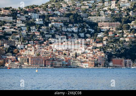 Blick auf Villefranche-sur-Mer, von der Halbinsel Saint-Jean-Cap-Ferrat Stockfoto