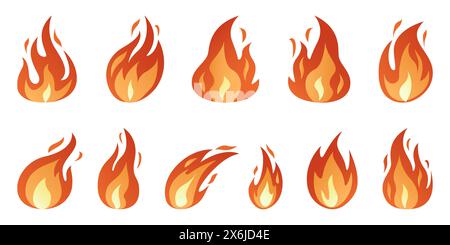 Symbolsatz „Feuer Flammen“. Heller Feuerball, Hitze-Lauffeuer, Lagerfeuer, rote Feuerflammen. Handgezeichnet isoliert auf weiß. Trendige, flache Cartoonflamme. Vektorabbildung Stock Vektor