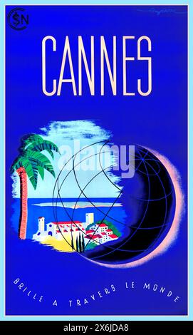 REISEPLAKAT CANNES FRANZÖSISCHE RIVIERA ART DÉCO COTES D AZUR Vintage-Reisewerbung für Cannes, Frankreich, mit der Überschrift „Brille a travers le Monde“ - „Shine Across the World“. Cannes ist bekannt als Austragungsort der jährlichen Filmfestspiele von Cannes und als Verbindung mit den Reichen und Berühmten. Poster des Künstlers Guy Serre, Frankreich, 1930er Jahre Stockfoto