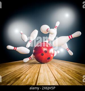 Schlag Schuss rote Bowlingkugel, die auf Pins trifft, Holzfleckenleuchte Stockfoto