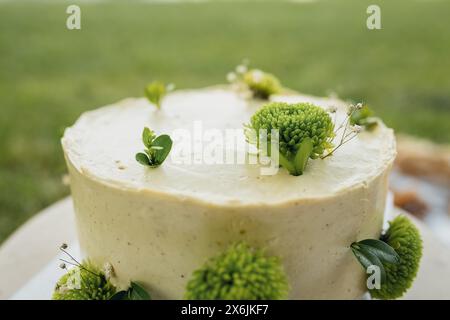 Eleganter Weißer Kuchen Mit Grünen Blumendetails Stockfoto