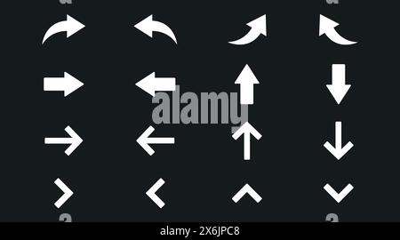 Vektorsatz für Pfeilsymbol. Vektor-isolierte Darstellung verschiedener Pfeile auf schwarzem Hintergrund Stock Vektor