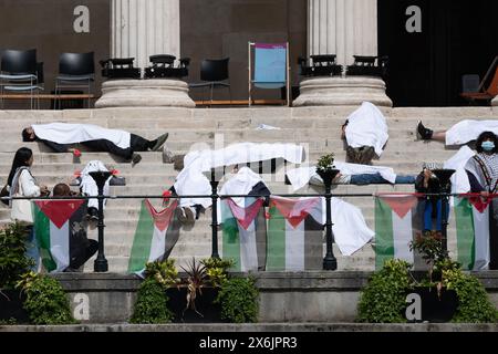 London, Großbritannien. 15. Mai 2024. Pro-palästinensische Aktivisten inszenieren ein Sterben auf den Stufen des University College London, während die Kundgebung "UCL steht für Gerechtigkeit" auf dem College-Gelände, das sie seit dem 2. Mai 2024 besetzt haben, aus Protest gegen den israelischen Krieg gegen Gaza und um die Veräußerung des Colleges von Unternehmen, einschließlich Waffenherstellern, zu fordern. die Israel versorgen und die Universität auffordern, israelische Aktionen zu verurteilen, die gegen das Völkerrecht verstoßen. Die Studentenbesetzung ist eine von mehreren, die im Zentrum Londons stattfinden. Quelle: Ron Fassbender/Alamy Live News Stockfoto