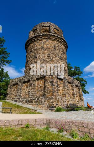 Weingut im Goldenen Wagen. Der Bismarckturm in Radebeul, auch bekannt als Bismarcksäule, ist einer von rund 145 Bismarcktürmen, die noch heute in Radebeul sind Stockfoto