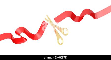 Bandschneiden. Große Eröffnungszeremonie. Die Schere schneidet das rote Band. Isoliert. 3D-Abbildung. Stockfoto