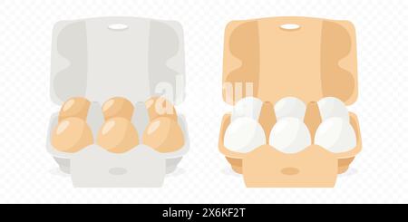6 sechs Vektor-weiße und braune Hühnereier in geöffnetem Karton Papierkarton, Behälter, Verpackung. Hühnerei-Set, Isoliert. Vector Raw Ganze Eier. Eierpackung Stock Vektor