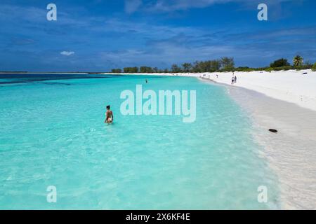 Aus der Vogelperspektive einer Frau, die in flachem Wasser am Strand spaziert, Assumption Island, Outer Islands, Seychellen, Indischer Ozean Stockfoto