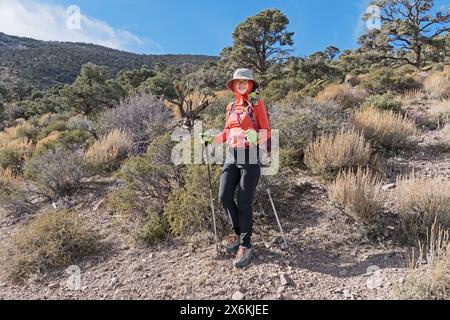 Asiatische Amerikanerin in Sonnenschutzkleidung wandert den Mount Stirling in Nevada hinunter Stockfoto